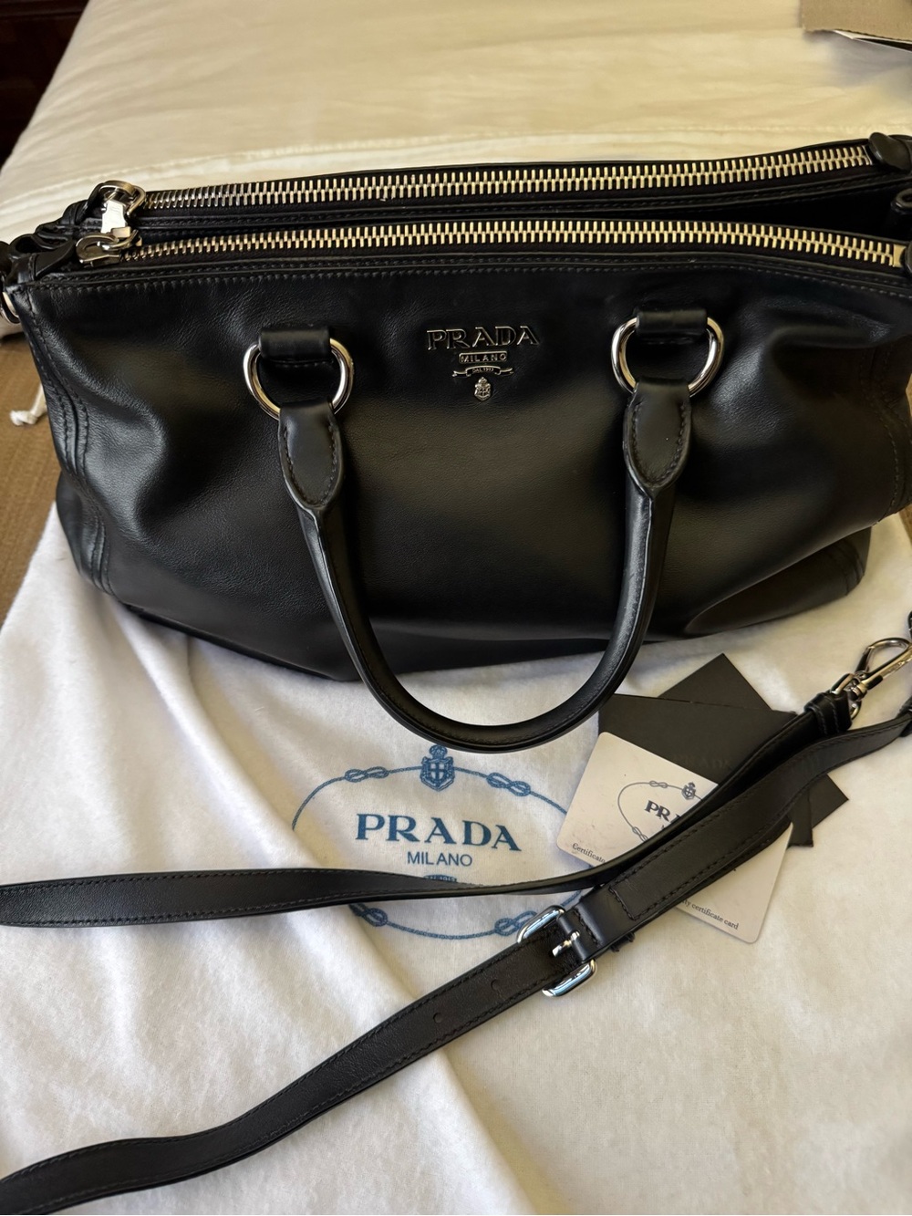 Prada Black Leather Double-Zip Satchel with Silver Hardware